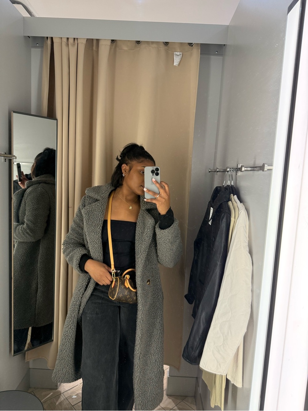 Womens Gray Teddy Coat - Classic Faux Shearling Overcoat